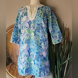LILLY PULITZER Blue & Green Floral Short Tunic Caftan House Dress.  Small